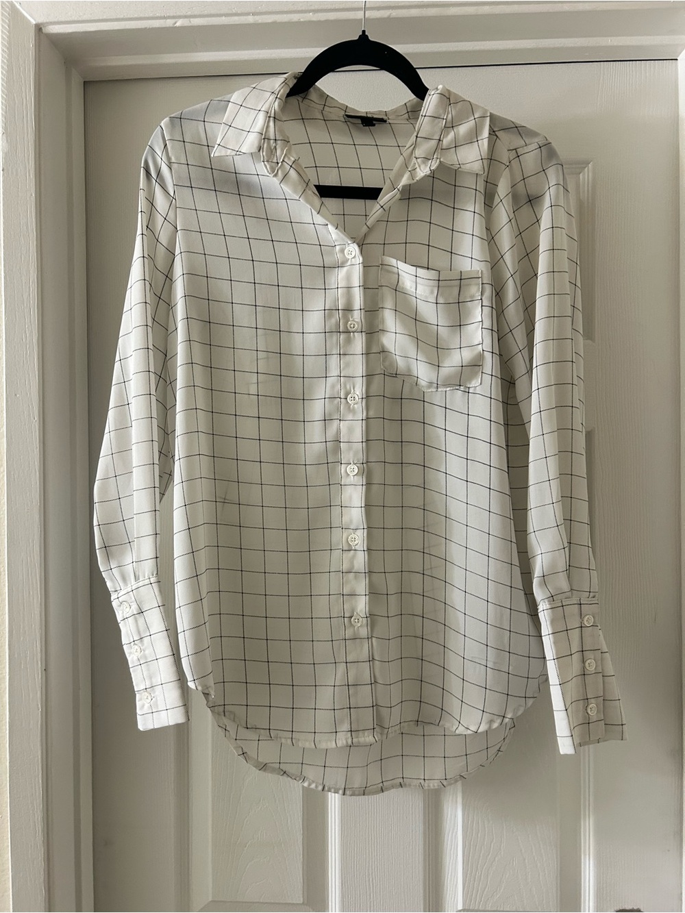 Who What Wear White Button-Down Shirt with Black Grid